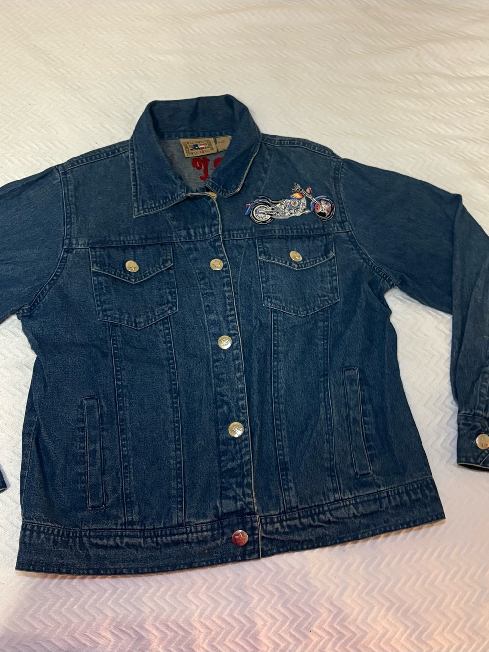 Blue Denim Jacket with Motorcycle Patch Biker Babe